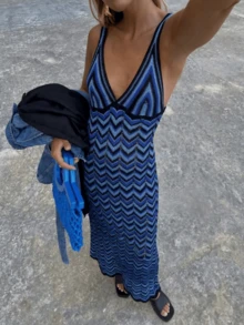 EAVA 女士性感修身镂空条纹紧身针织连衣裙，女士假日装扮，度假连衣裙，女士休闲连衣裙，蓝色连衣裙 - 彩色 - 查看 4