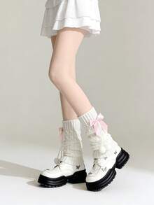 1双粉色/蓝色/白色可爱洛丽塔蝴蝶结绒球针织过膝长筒袜 - 彩色 - 查看 5