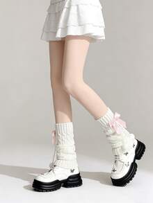 1双粉色/蓝色/白色可爱洛丽塔蝴蝶结绒球针织过膝长筒袜 - 彩色 - 查看 7