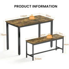 Dining Table Set, Bar Table With 2 Benches, Kitchen Table With Chairs, Industrial Breakfast Table For Kitchen, Living Room, Party Room, Rustic Brown And Black, 110*60*75cm - Rust Brown - View 2