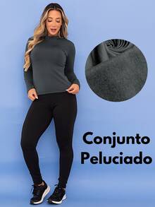 Women's Winter Thermal Sports Set, Base Layer Top, Fleece Leggings, Fleece-Lined Fitness Pants, Tarelles - 深灰色 - 查看 6