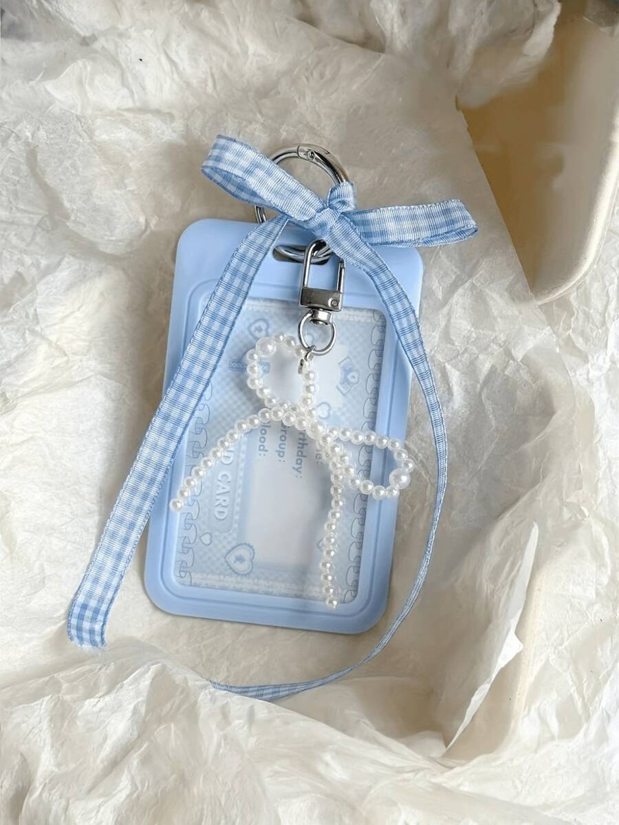 Blue Card Holder Sliding Plaid Ribbon Faux Pearl Pendant,With Detachable And Wiping Sliding Cover, Keychain,Meal Card Id Card Id Card And Bus Card Protective Cover, Office School Certificate Protective Cover, And Detachable Hanging Rope/Pendant - Heavy-Duty Transparent Card Holder - Multicolor - View 1