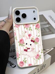 1pc Soft Phone Case With Gentle Pink & White Striped Cherry Bunny Pattern, Scratch-Resistant And Anti-Slip, Suitable Compatible With Apple, , Phones - Multicolor - View 2