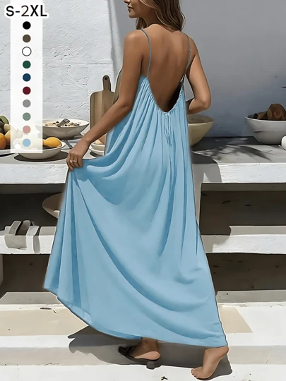 Women's Solid Color Cami Lounge Dress, 2026 Elegant Sleeveless Long Dress For Summer, Loungewear Pajama Ladies Sleepwear For Indoor Wear SpringStatements