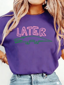 Women Later Gator Funny Crocodile Lightweight Tee, White Pink Breathable All Season Round Neck Top, Machine Washable Daily Playful Fashion Shirt - 紫羅蘭色 - 查看 12