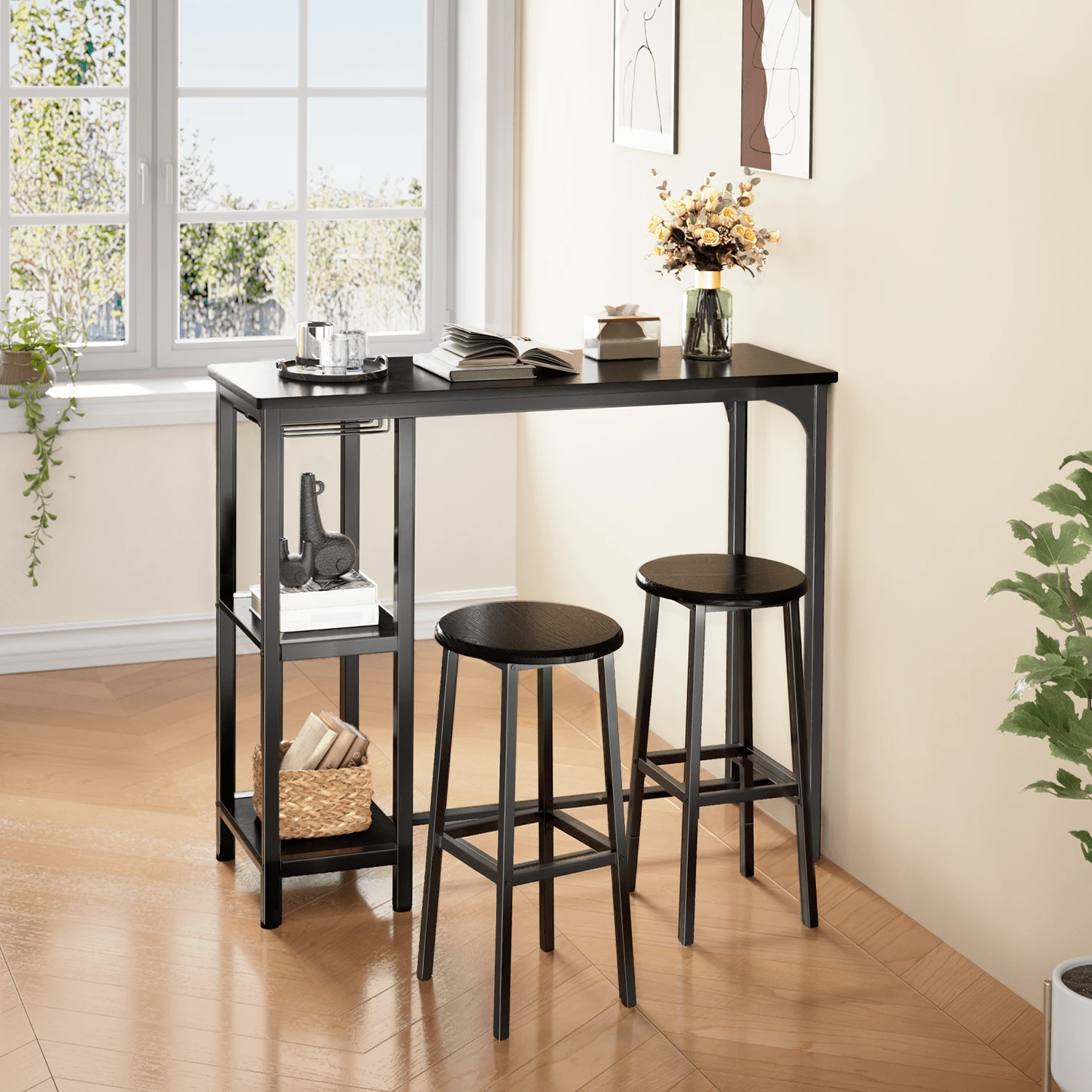 3pcs Bar Table And Stools Set, Bar Table Set For Small Space - Black - View 1