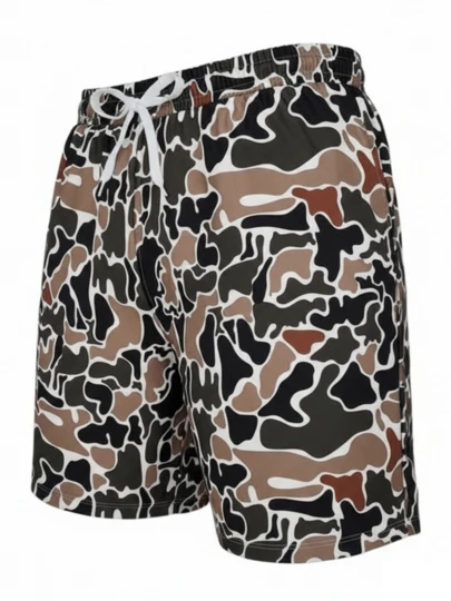 Men'S Camo Print Swim Trunks Adjustable Drawstring Waist, Loose-Fit Durable Swim Shorts With Pockets