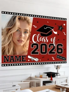 1pc - Customizable Graduation Season Backdrop Fabric, Customizable Name And Portrait. 2026 Graduation Celebration Red Theme Photography Background, Banner With Personalized Text And Graphics, Suitable For High School And College Classrooms, Cake Tables, Home Walls, Outdoor Decor. - Multicolor - View 4