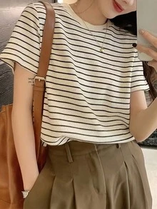 Waffle Stripe, New Year, Valentine's Day, Women's Winter Clothes, Summer, Summer Tops, Women's Casual Round Neck Short Sleeve T-Shirt - Light Apricot - View 5