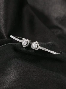 Luxury Iced Out Double Heart Bangle, Bridal Wedding & Banquet Jewelry, Elegant Sparkling Bracelet For Ladies - The Queen's Exclusive Bracelet - View 15