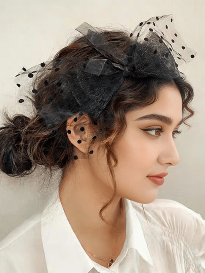 1件装女士复古网纱蕾丝大蝴蝶结波点发带，适合宴会、派对、活动、表演等场合