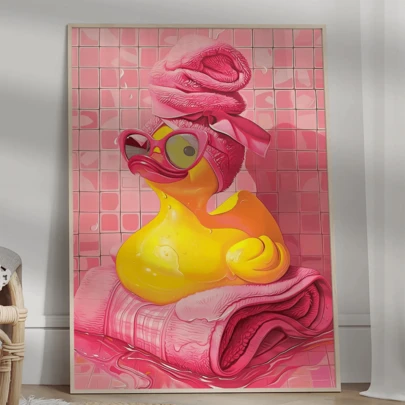 1件可爱小鸭图案粉色复古墙饰，小鸭裹着毛巾，简约宿舍装饰，趣味浴室墙画，时尚女孩海报，数码印刷帆布墙画，时尚女孩艺术品，励志语录艺术画，家居装饰，墙面挂饰