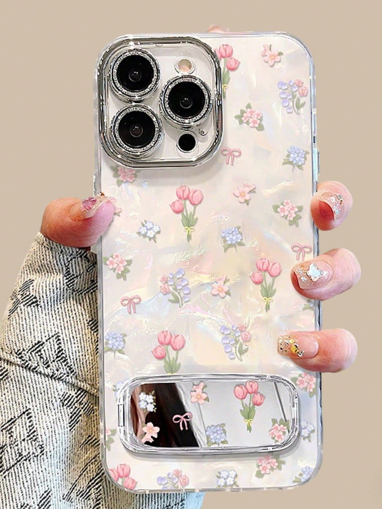 Tulip Bow Tie Mirror Stand Lens Film, Elegant Design Suitable For IPhone 17 Pro Max/17/16 Plus Phone Case, New Arrival 14/13/12/15 Delicate Protection Cover - Multicolor - View 1
