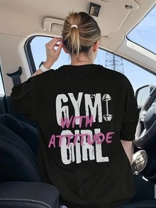Camiseta para mujer de una sola pieza con el diseño "Gym With Attitude", hecha de poliéster, ligera y transpirable, camiseta de punto negra de estilo casual, con estampado de letras en rosa y blanco, de manga corta, cuello redondo, hecha de poliéster, adecuada para usar en todas las estaciones, ropa casual - Negro - Ver 7