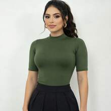 Women's Basic Blouse In Premium Supplex Fabric, High Neck With Sleeves, Casual Elegant Baby Tee For Work - xanh quân đội - Xem 7