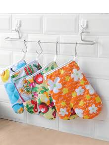 2pcs Heat Resistant Polyester Oven Mitts - Thick Insulated Gloves With Hanging Loop For Microwave And Stove - Hand Wash Only (Random Style) - View 1