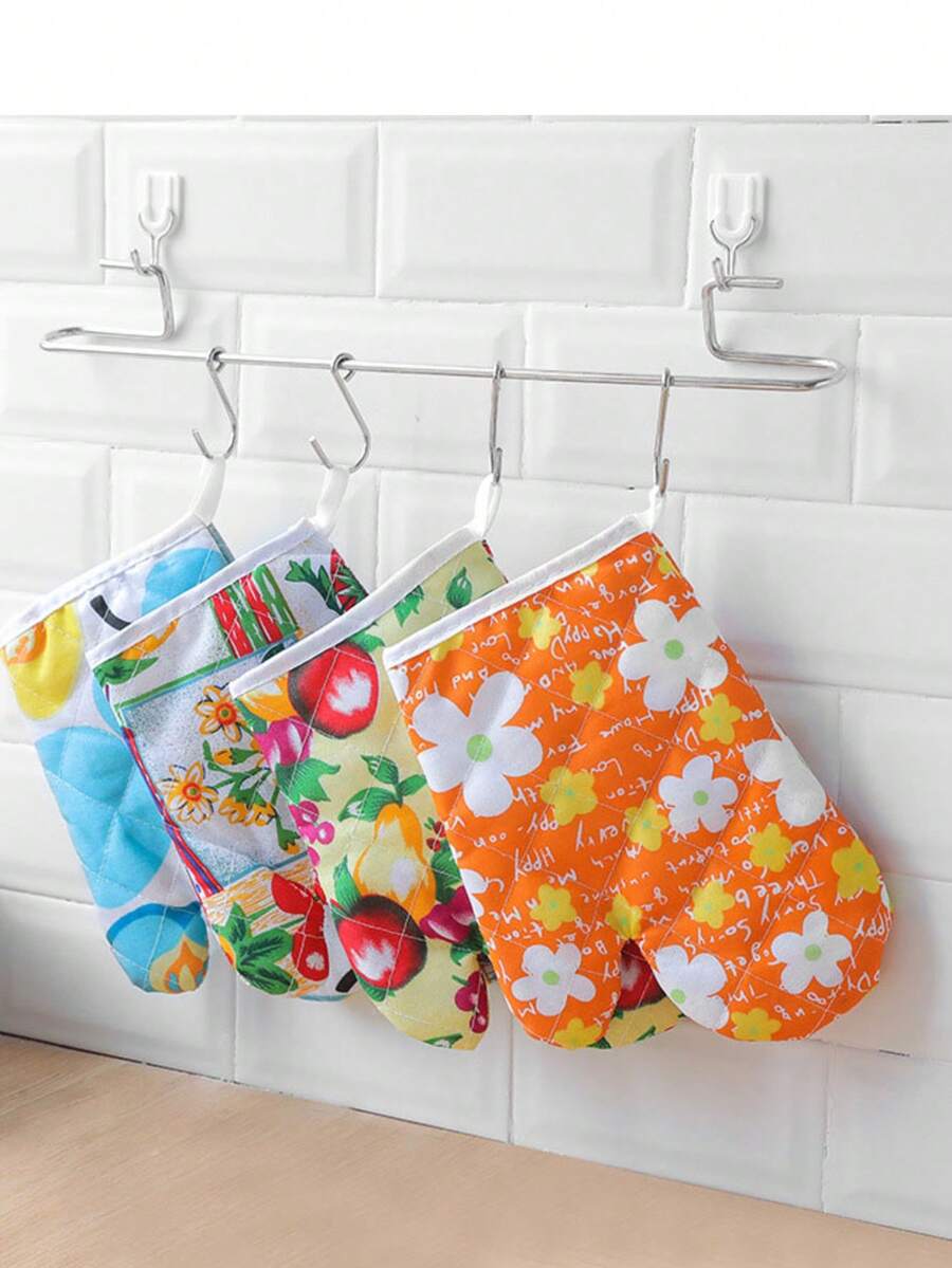 2pcs Heat Resistant Polyester Oven Mitts - Thick Insulated Gloves With Hanging Loop For Microwave And Stove - Hand Wash Only (Random Style) - View 1