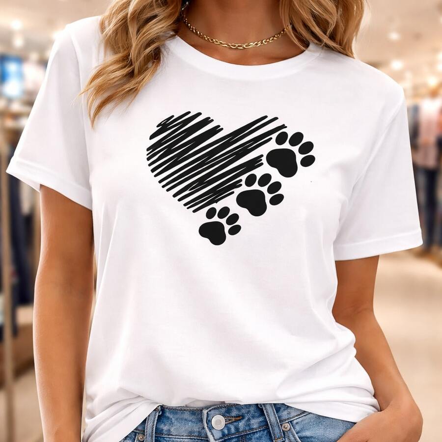 Camiseta de algodón para mujer, camiseta casual blanca con diseño de corazones y huellas de patas, ideal para uso diario o como camiseta conmemorativa para amigos o seres queridos. También es adecuada como suéter. Entrega rápida. - Blanco - Ver 1