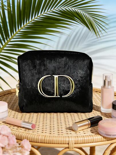 Dior High-End Fashion Black Glossy Gold Logo Velvet Cosmetic Bag