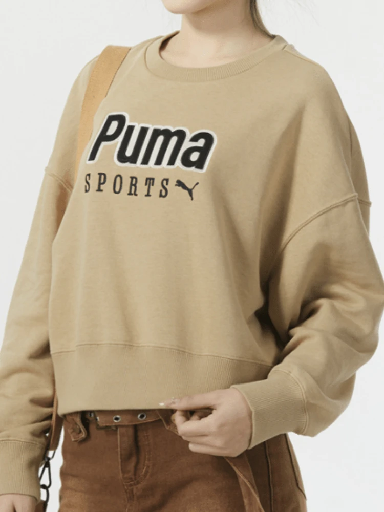 PUMA American Retro Letter Crew Neck Short Casual Sweatshirt Women's Khaki - Khaki - View 1