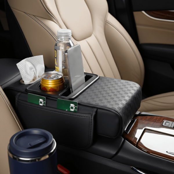 고급 PU 가죽 인체공학적 차량 암레스트 높이 패드 모든 차종 호환 사계절 사용 다기능 정리함