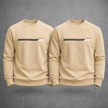 Set Of 2 Crew Neck Printed Paris Sweatshirts, Flannel Lined, Winter Casual Streetwear Comfortable Minimalist Premium - 卡其色 - 查看 8