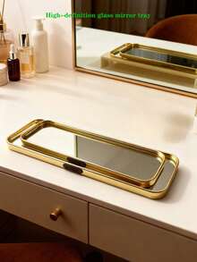 1 pieza Elegante bandeja de almacenamiento rectangular de vidrio dorado (disponible en tamaños pequeño, mediano y grande), superficie de espejo de vidrio de alta definición, estilo nórdico de lujo, material de aleación de aluminio y vidrio - Estantería de almacenamiento multifuncional, bandeja de exhibición de gran capacidad, bandeja para joyas, caja de almacenamiento de cosméticos, aromaterapia, portavelas, joyas, cosméticos - rectángulo - Ver 2