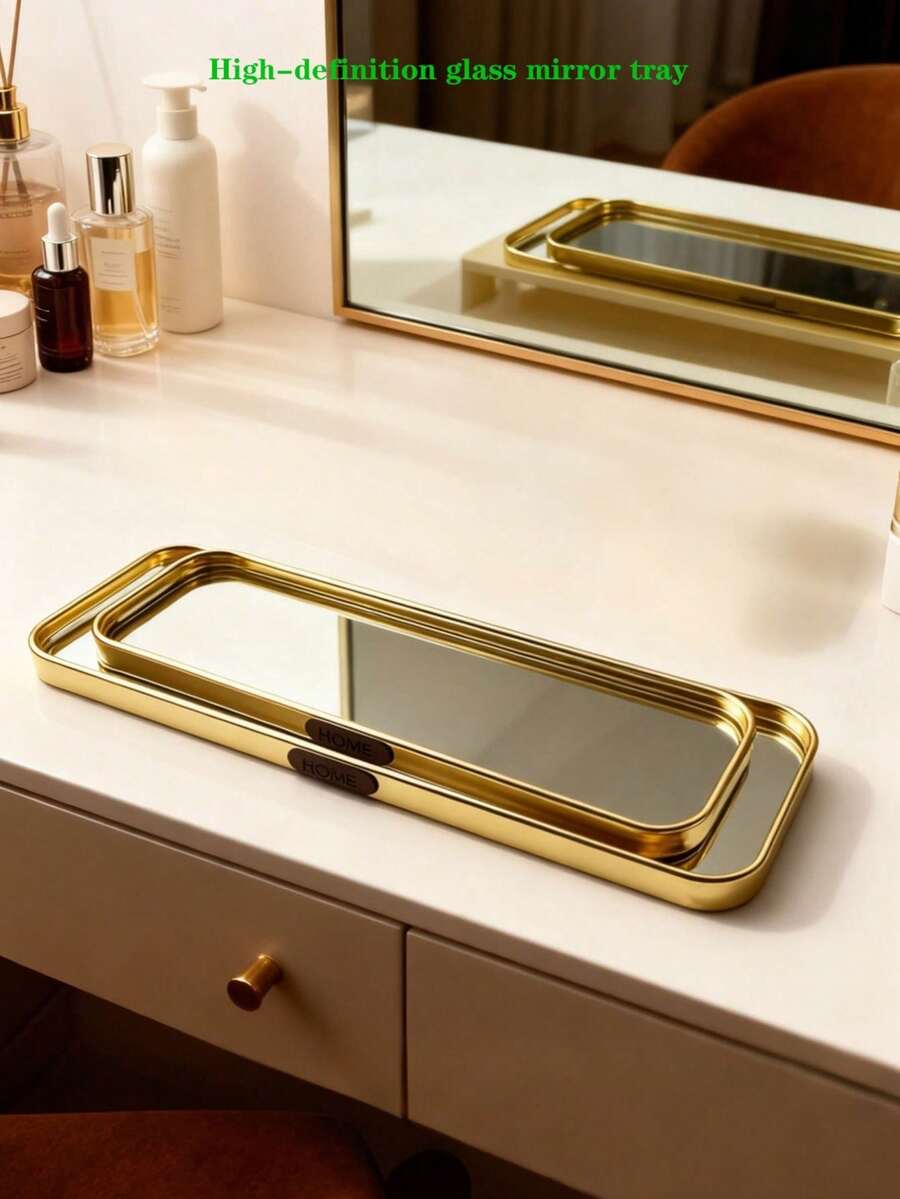 1 pieza Elegante bandeja de almacenamiento rectangular de vidrio dorado (disponible en tamaños pequeño, mediano y grande), superficie de espejo de vidrio de alta definición, estilo nórdico de lujo, material de aleación de aluminio y vidrio - Estantería de almacenamiento multifuncional, bandeja de exhibición de gran capacidad, bandeja para joyas, caja de almacenamiento de cosméticos, aromaterapia, portavelas, joyas, cosméticos