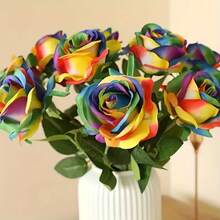 10pcs Artificial Rainbow Roses, Long Stem Silk Rainbow Flowers, Multicolor Roses, Suitable For Home, Wedding, Bathroom, Kitchen Decor (Multicolor) - Multicolor - View 3