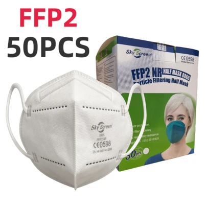 50 قناع FFP2 قابل للتخلص منه مغلف بشكل فردي، ذو بناء من خمس طبقات لضمان الراحة والتنفس، تصميم داخلي فسيح لمنع الاختناق أثناء الارتداء الطويل