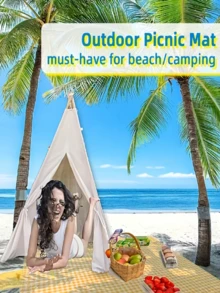 1pc 59" X 78" Yellow Plaid Picnic Blanket, Large Sand-Proof Waterproof Beach Mat, Suitable For Camping, Portable Foldable Lightweight Travel Rug, Ideal For Park Outing, Beach Trip, Barbecue And Other Outdoor Activities - A - View 11