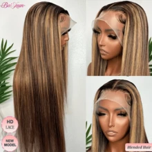 32英寸 #4/27 高光假发，真人前额发，13x4/13x6 直发高清蕾丝前假发，真人混纺发，巴西原生发，预先拔毛，预先修剪，5x5/5x7 佩戴即用，无需胶水，带婴儿发，女士假发，200% 密度 - SP4/27 - 查看 2