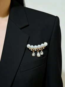 1 Pieza Broche De Alta Calidad Con Decoración De Borla Y Perlas Falsas - Amarillo Oro - Ver 3