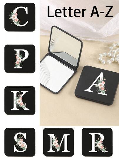 时尚黑色方形镜，饰以白色字母花纹，便携折叠高清双面口袋镜，适合放入手提包，采用塑料材质，耐磨耐用，轻巧便携，口袋镜，迷你化妆镜，全新设计，旅行配件，男女皆宜。