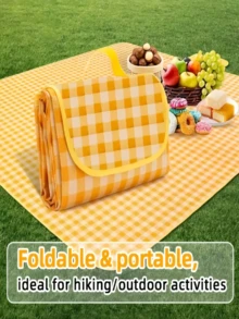 1pc 59" X 78" Yellow Plaid Picnic Blanket, Large Sand-Proof Waterproof Beach Mat, Suitable For Camping, Portable Foldable Lightweight Travel Rug, Ideal For Park Outing, Beach Trip, Barbecue And Other Outdoor Activities - A - View 12
