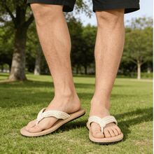 大码男士人字拖，夏季休闲编织带平底凉鞋，黑色，适合户外、沙滩、防滑，杏色 EVA 材质亚麻外观拖鞋 - 杏色 - 查看 4