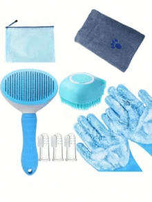 Pet Grooming Set, Includes Bathing Brush Set, Towel, Bathing Gloves, Fur Removal Brush, Pet Shampoo & Conditioner, Pet Dental Cleaning Tools - Multicolor - View 2