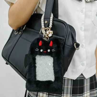 1Pc Cute Black Devil Plush Card Holder Bag Charm With Pearl Bracelet Keychain, Kawaii Cartoon Devil Decor Pendant, Creative Bag Accessory & Sweet Festival Birthday Gift For Girls