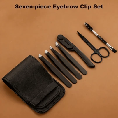 Eyebrow Shaping Tweezer Set, 7Pcs Kit Premium Stainless Steel Professional Matte Black Multi-Shape Tips With PU Pouch Scissors Razor Brush Facial Hair Removal Beauty Tools For Women Men Travel Daily Makeup