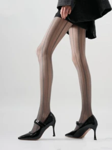 1 Pair Black/White/Skin/Gray/Purple Spring & Summer Sheer Vertical Striped Lace Polka Dot Tights - Multicolor - View 14