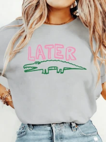 Women Later Gator Funny Crocodile Lightweight Tee, White Pink Breathable All Season Round Neck Top, Machine Washable Daily Playful Fashion Shirt - 淺灰色 - 查看 8