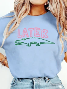Women Later Gator Funny Crocodile Lightweight Tee, White Pink Breathable All Season Round Neck Top, Machine Washable Daily Playful Fashion Shirt - 淺藍色 - 查看 7