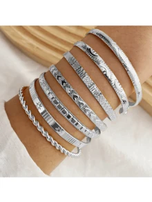 6pcs Minimalist Golden Elegant Sophisticated Metal Bangle Bracelet Set, Delicate Chain Bracelets, Suitable For Holiday, Party, Date, Daily Wear - Six Silver - View 4