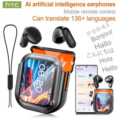  HTC NE20 AI Translation Earphones: 131+ Language Translation, Wireless 6.0, Ultra-Long Battery Life, Touch Control, Smart LCD Screen, Suitable For Fitness, Travel, Work And Gaming