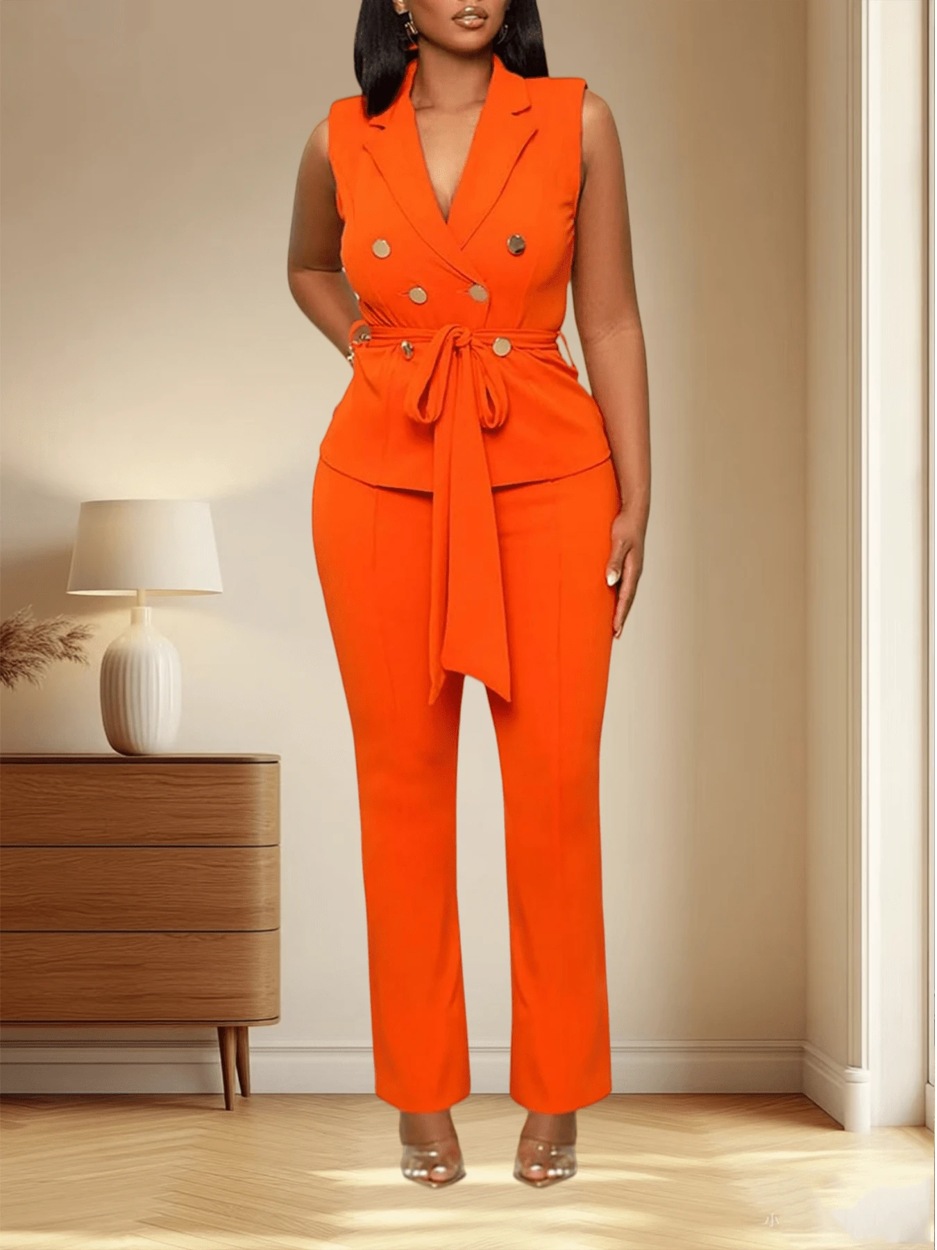 CALEBGAR Women's Business Suit V Neck Sleeveless Belted Vest And High Waisted Straight Leg Pants 2 Piece Office Workwear Set - 橘色 - 查看 1