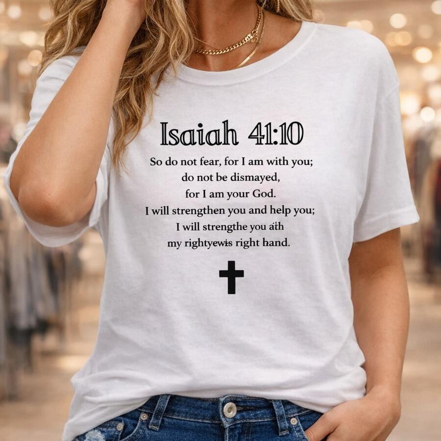 Camiseta de algodón para mujer con el versículo bíblico de Isaías 41:10 y estampado de cruz, ideal para uso diario o como camiseta conmemorativa para amigos o seres queridos. También es adecuada como suéter. Entrega rápida. - Blanco - Ver 1