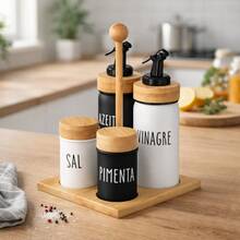 5 Piece Cruet Set With Bamboo Stand Doha Salt And Pepper Shaker - 黑與白 - 查看 2