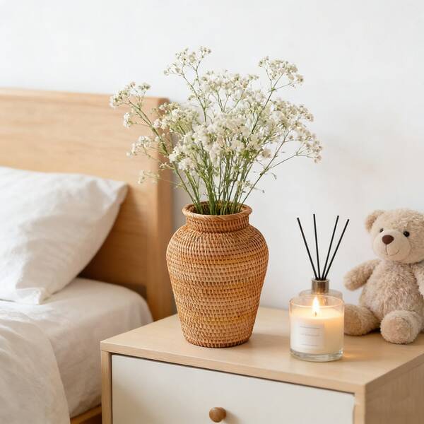 1 pieza Jarrón decorativo de ratán trenzado de 5.9 pulgadas, adecuado para el hogar, dormitorio, boda, fiesta, cumpleaños, decoración minimalista de estilo japonés transpirable para la sala de estar, se puede usar como portaplumas, cesta de almacenamiento, accesorio de escritorio multipropósito