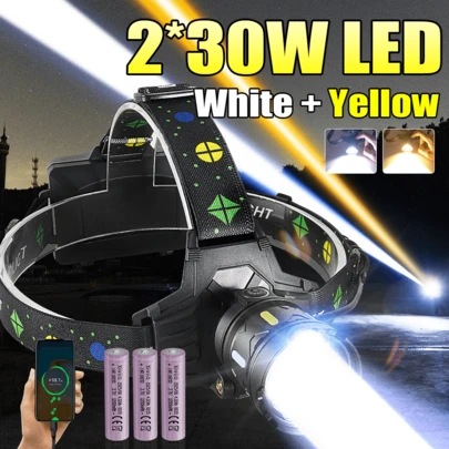 1pc Strong Light LED Headlight, White Light & Yellow Light, 5 Lighting Modes, Spotlight Long Range 2000M, Telescopic Zoom, Outdoor Safety Lighting Headlamp, Super Bright USB-C Rechargeable Head Flashlight, High Lumens Head Torch, 3*18650 Battery Powered, High-Power LED Head Light, For Camping, Fishing, Hiking, Hunting, Cycling, Mountaineering, Exploration, Emergency