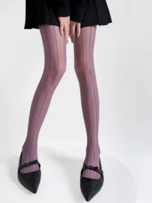 1 Pair Black/White/Skin/Gray/Purple Spring & Summer Sheer Vertical Striped Lace Polka Dot Tights - Multicolor - View 9